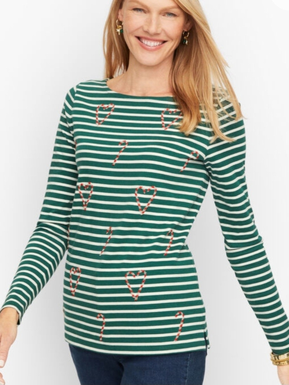 Talbots Womens Plus 1X Green White Striped Candy Cane Beaded Embroidery Holiday